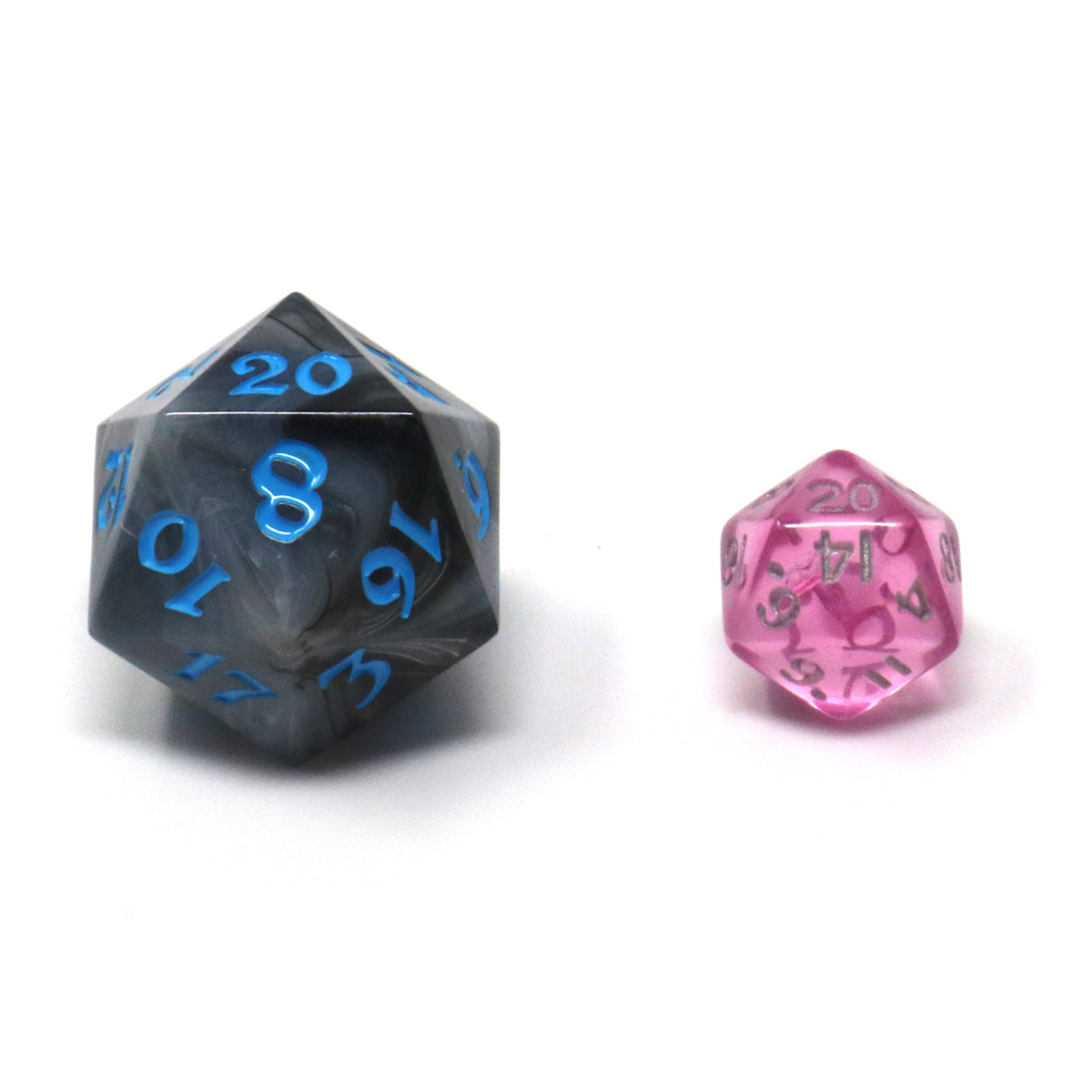 Size comparison image showing a regular sized d20 and a smaller critling d20