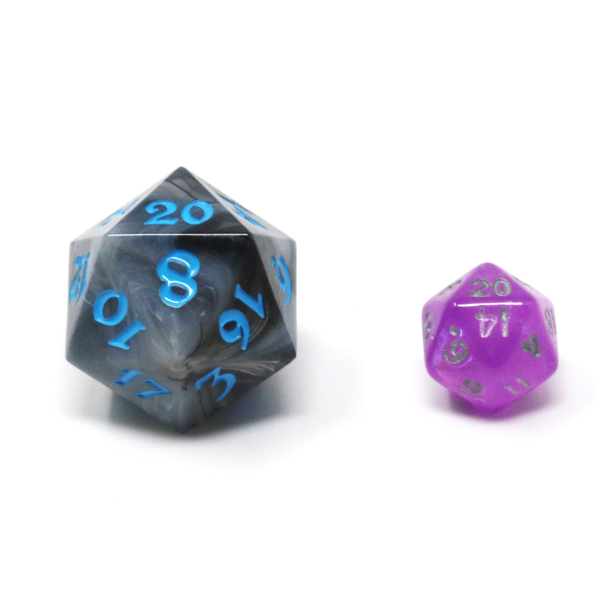 Size comparison image showing a regular sized d20 and a smaller critling d20